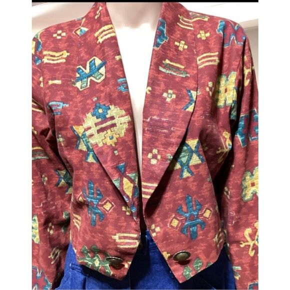 Vintage 80’s Banjo Dallas Texas Cropped Button Woven Western Cowboy Jacket S - Picture 1 of 8